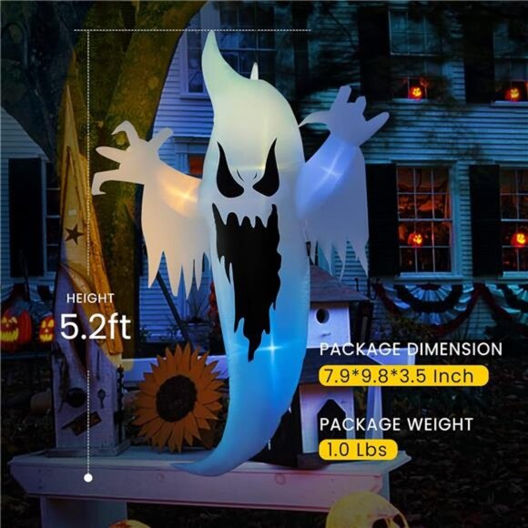 5FT Color Changing Halloween Inflatable Yard Decor - Hanging Ghost - Picture 6 of 7